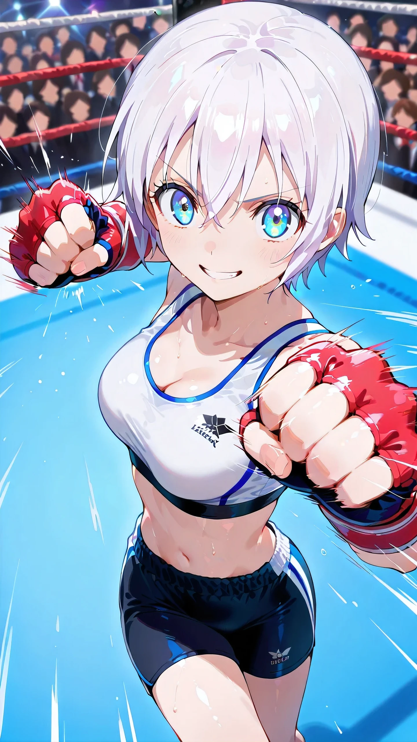 lisanna strauss, short hair, blue eyes, hair between eyes, white hair,, solo, Detailed eyes, white sports bra, black sports very short spats, white fingerless gloves, thigh, cleavage, slim long legs, medium breast, serious grin, looking at viewer, Detailed eyes, Detailed face, from side-above, portrait,
p4nch, punching, clenched hand, motion lines, motion blur,
boxing ring, spectator seats, (depth of field).