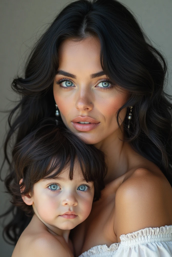 Make a beautiful white woman with black hair and blue eyes with her white son with black hair and blue eyes