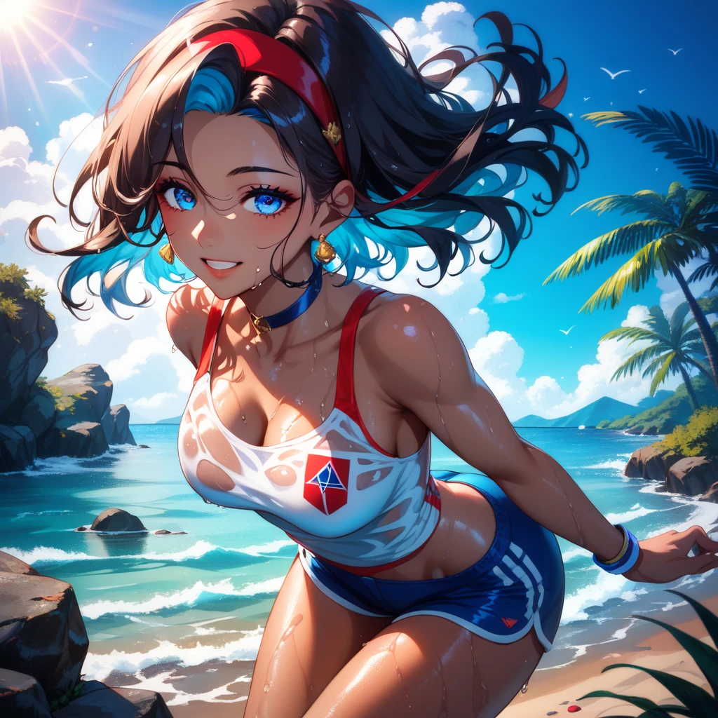Masterpiece,best quality,high quality,ultra-realistic, Extremely detailed,vibrant colors,female teenager,sunny day, portrait, (brown skin complexion), seducing, swim suit, chest, arms, belly button