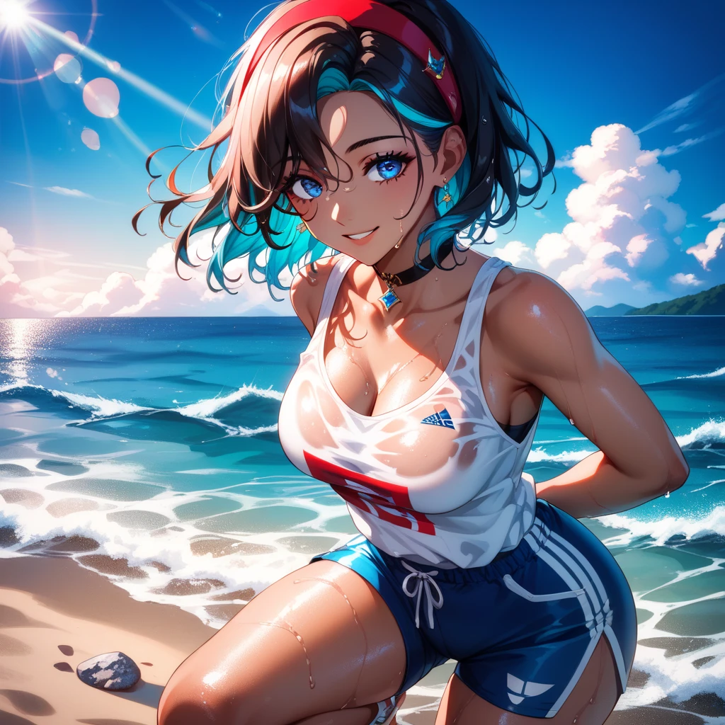 tropical island, beach, palm trees, ocean, beach ball, sand, sky, clouds, sun, sun light, (masterpiece), best quality, 8k, 4k, hd, hires, best quality, masterpiece, ultra-high detailed, hyper-detailed, intricate details, photo-realistic, beautiful details, studio lighting, detailed clothing, highly textured clothing, satin lighting, hyper resolution, insanely detailed, young woman, fit body, nice thighs, swim suit,