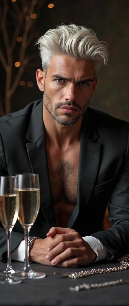 One handsome guy in underwear looking straight to the camera, holding a glass of wine and with a curious face
