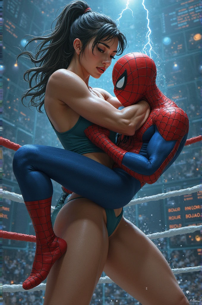 struggle, Chun-li girl, Chun-Li in qipao dress from street fighter, lifts spiderman with his hands. Holds Spider-Man in his arms, background ring, view from the back