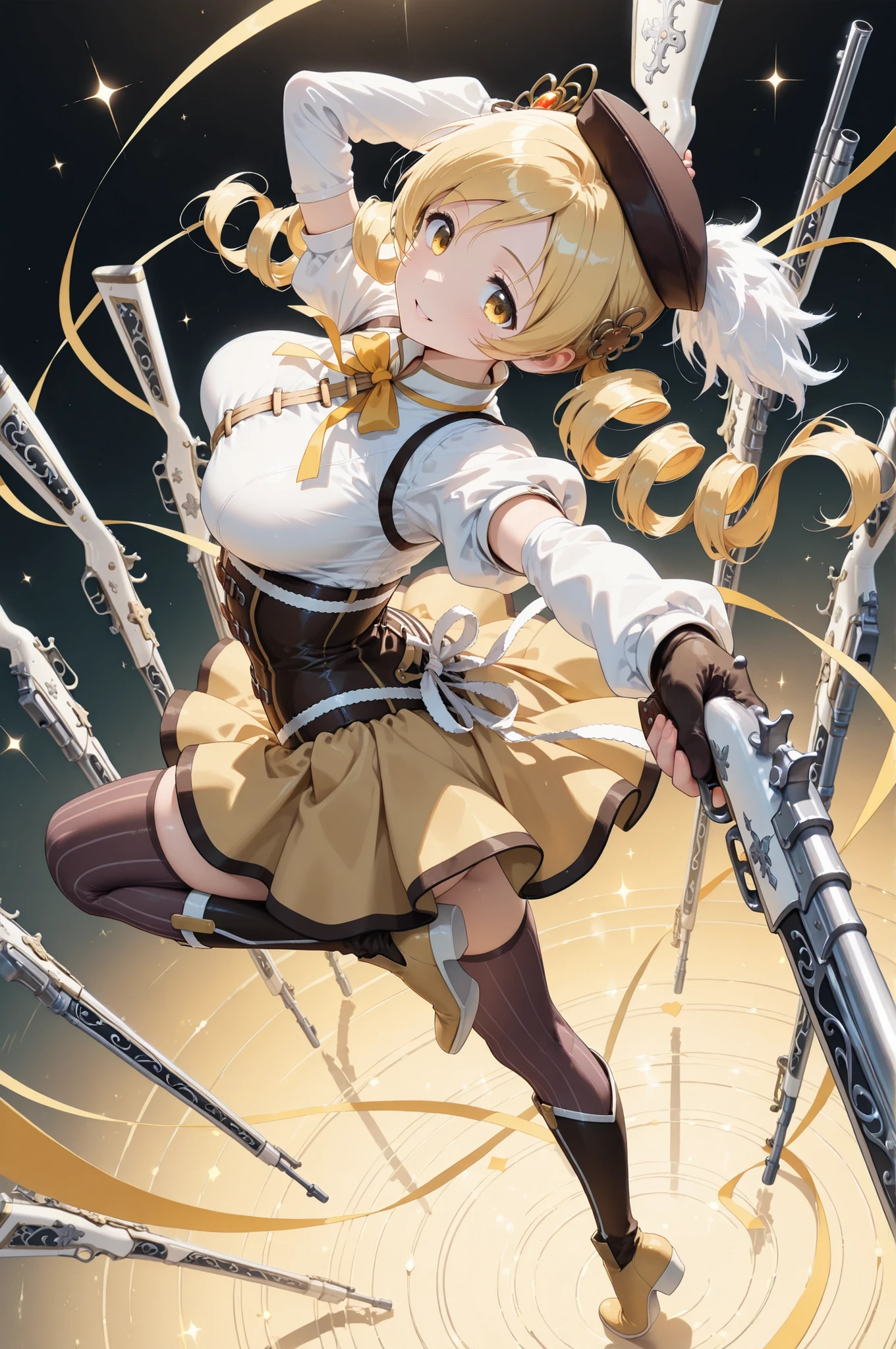 (master piece, professional quality, extremely detailed, absurdres),
tomoe mami, (Very beautiful girl, Shiny beautiful hair, Smooth and smooth skin, Eyes that shine like a rainbow, High-quality fabrics and high-quality tailoring, Beautiful fur that feels good to the touch, Smooth and shiny silk ribbon, Everything she wears is top-notch), yellow gradient eyes, drill hair, twin drills, twintails, long hair, very long hair, blonde hair, hair ornament, breasts, large breasts,
magical girl, brown hat, beret, corset, detached sleeves, puffy sleeves, gloves, ribbon, bow, bowtie, yellow ribbon, miniskirt, pleated skirt, yellow skirt, zettai ryouiki, vertical-striped clothes, vertical-striped thighhighs, brown thighhighs, A confident and relaxed smile, parted lips,
magical musket, holding gun, outstretched arm, arm behind head, from above, looking back, arched back, extend one leg and bend one knee, (jumping), dynamic angle, medium shot, dramatic lighting, underlighting, Sharply reflected light, high contrast, complex shadows, Many muskets were manifested by her magic Aligned, fantastical floating ribbon entangles the musket, musket is shining