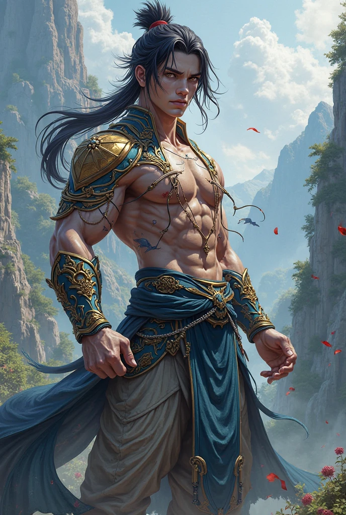 Asian warrior prince wearing a crown of pearls , usando duas ombreiras de metal azul, usando uma cueca transparente com bastante volume, happy and cute expression, Era medieval, ao fundo uma floresta medieval, corpo suado, Asian warrior in the medieval era, detalhado, usando apenas uma cueca transparente, cueca fio dental, medieval, using only a tiny floss, cabelo loiro