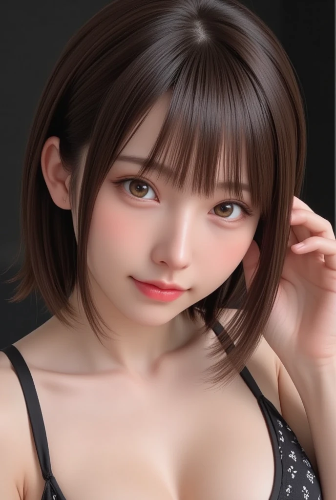 ((masterpiece, Highest quality, High resolution、Everything is beautifully detailed)), 1 girl, (Realistic: 1.4), alone, White Background, snow-White Background, Mouth closed, smile, smile, Beautiful black hair, short hair, Big eyes, Transparent double eyelids, eyelash, Listen carefully, Long neck, 美しくLong neck, Absolute area, ((Face close-up)), (Draw the whole head, shoulder), 19 years old, Attractive proportions, Glowing Skin, Beautiful clavicle, Golden ratio face, Perfect Face, Teardrop-shaped mole, chestのほくろ, bangs, clean bangs, beautiful bangs, Lip gloss, Thin lips, Fair skin, naked, Big Breasts, {huge|big|hugeな|Mega} chest, chestの谷間,Small face, Small face, All the heads are painted, shoulder all drawn, Point slightly above the camera
