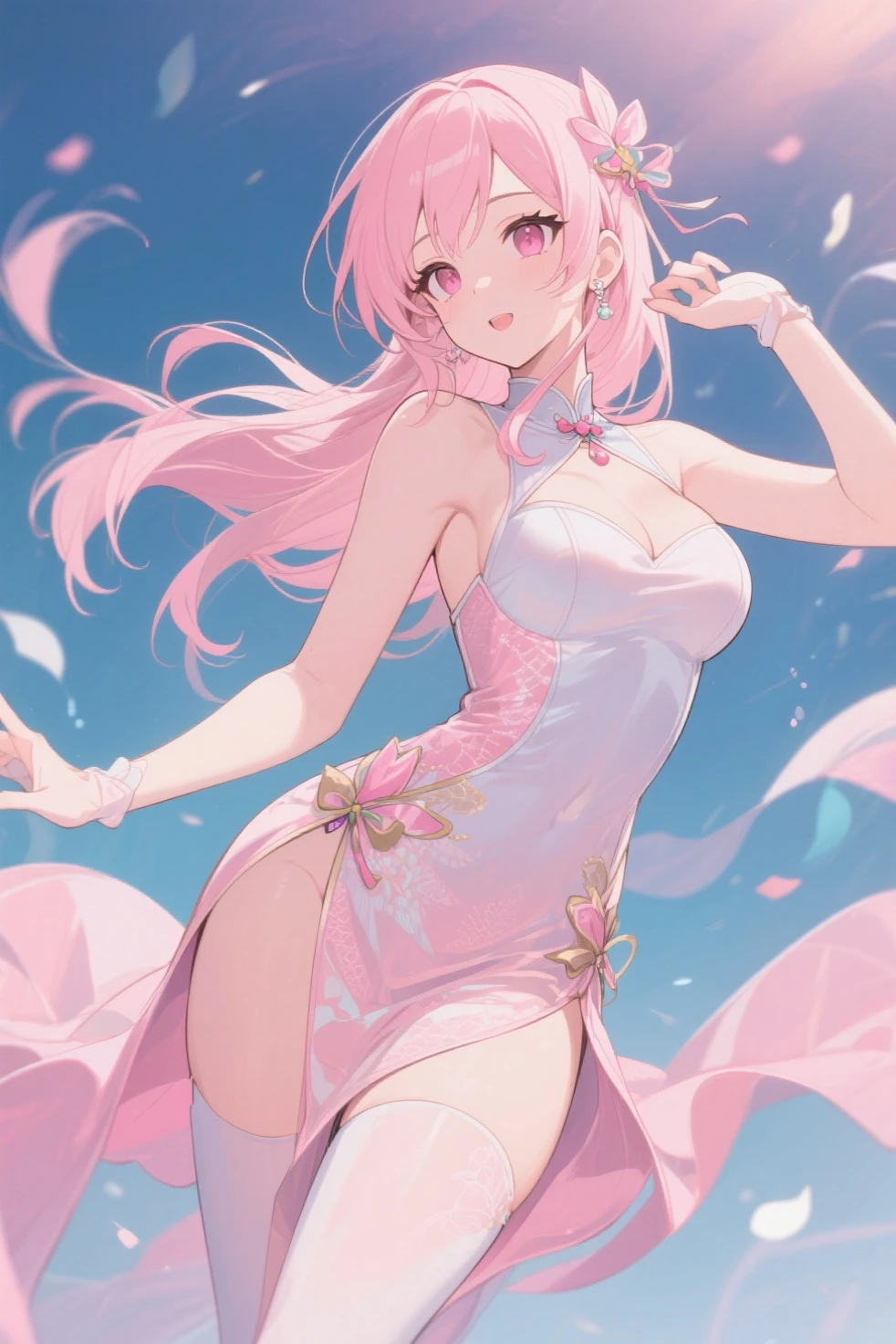 (CG unity 8k wallpaper extremely detailed) (better quality) (better lighting) (an extremely delicate and beautiful) (floating) (beautiful) (spring atmosphere) (1girl) (nude) (pussy:1.2) (crotch cutout) (arms behind on back) (long pink hair), (hair headband), (detailed and beautiful blue eyes), ((very short white dress, pink lace underside), (lace), ((light transparent silk))), (cherry blossom petals), (butterflies), (dof), (volumetric light) cinematic lighting, chromatic aberration, Sony FE GM, textured skin, high details, highres, 8k