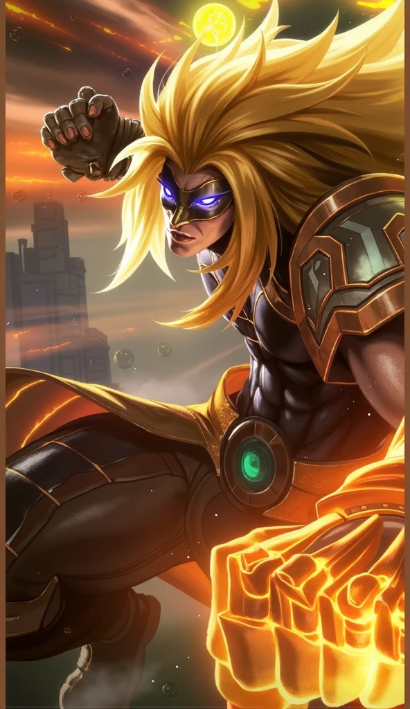 a male with a yellow hair and a gold outfit, Best quality, masterpiece, detailed skin texture, detailed clothes texture, detailed face, super detailed, 8k, intricate detail, The color doesn't change, Muscle guy, 1 male, angry, shining blue eyes.
