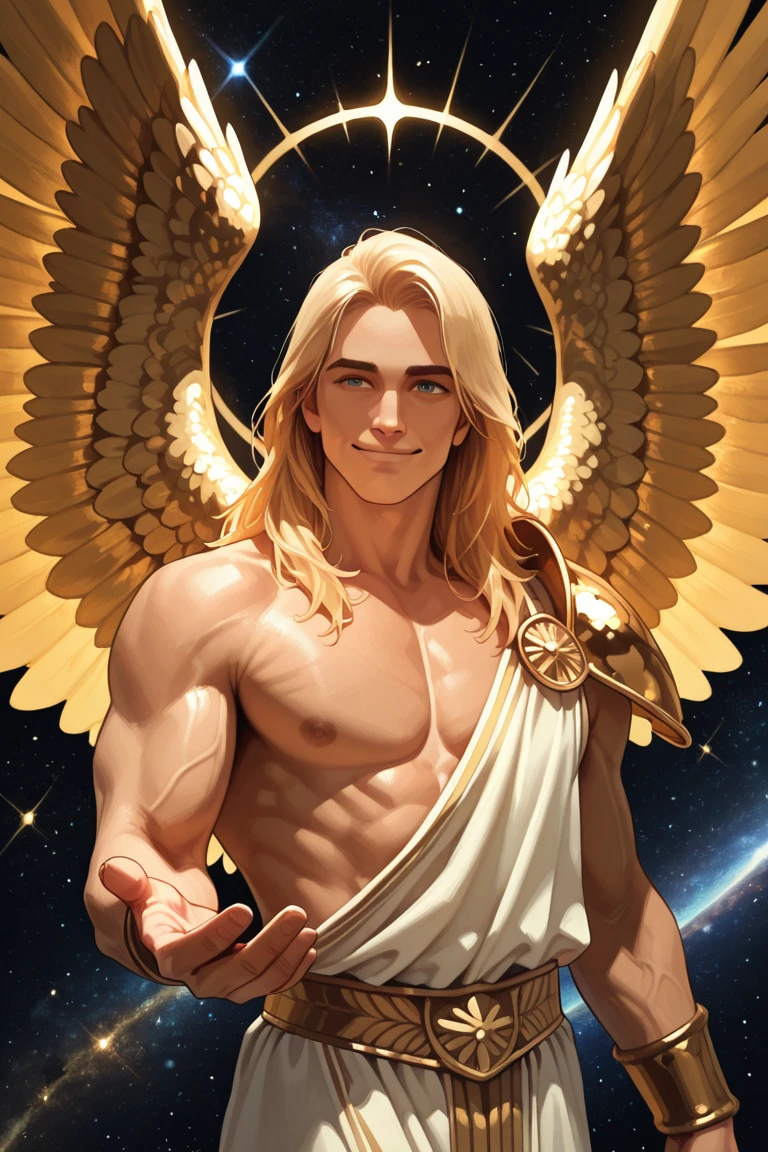 a young teenage male with long blonde wavy hair, semi-round face, golden eyes, big smile, cute, with white angel wings, naked showing his cock, highly detailed, 8k, photorealistic, porcelain skin, muscular physique, cinematic lighting, dramatic composition, glowing ethereal aura, fantasy, surreal, dreamlike