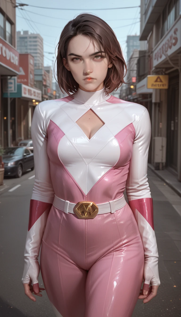 Tabletop, Super Detail, Highest quality, High resolution, reflected light, ((Anatomically correct)),Power Ranger,Pink Ranger, One Girl, Large Breasts,(Very shiny suit), ((Nylon Fiber Suit)), Sitting, ((Morning big city background)),Browsing Caution,Camel Toe,From below,(blush), ((Rope Restraints)),((shibari, Put your arms behind your back:1.3)),