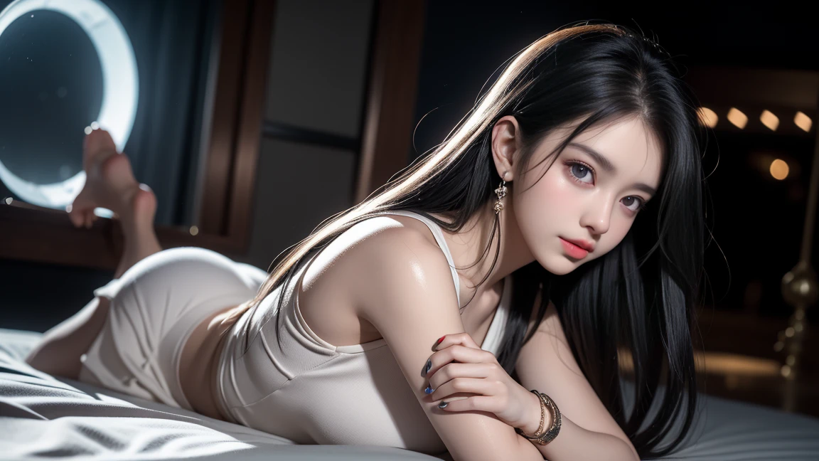 (Top image quality、top-quality、Top resolution、hyper realistic photography、Full body photo、​masterpiece、16K、）1girl in、Surprisingly long black hair is super beautiful、hair length about 3 meters、White underwear or naked、Hide the whole body with straight black hair、Very beautiful face、well-groomed beautiful black hair、very large amount of hair、Ultra-long black hair with an emphasis on sex appeal as a woman、slim figure、Lustrous beautiful hair、Bright lighting、profetional lighting、Winner of the World Long Hair Contest、Full body real photo、Head-to-toe photo、Photo taken from about 4 meters away、Super Real、Two hands、2 legs、5 fingers、The longest black hair in the world、Hair is heavy and tired、Hair longer than Rapunzel、very large amount of hair、I hide my whole body with very long black hair、Hair that is shampooed every day is very clean、Hair smells of roses、Very long black hair is my sex appeal、Very long black hair is my charm、Long black hair is a symbol of beauty、My pride is very long black hair、This long hair length and amount is admired all over the world、My very long black hair is spread out in a fan shape、Facing backwards、Sleeping face down、Silky black hair flowing from the shoulders to the floor、Ridiculously large amount of hair、The hair is ridiculously bushy、Straight black hair is very shiny、Wrap the entire bed in hair、