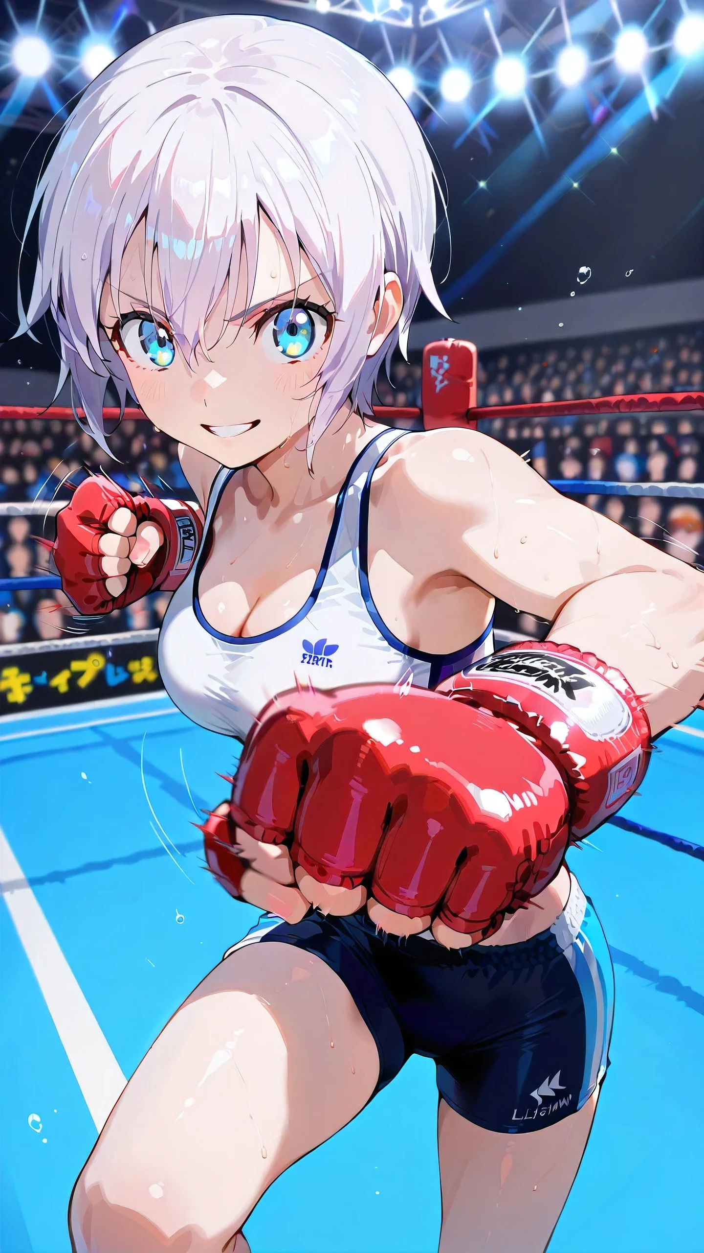 lisanna strauss, short hair, blue eyes, hair between eyes, white hair,, solo, Detailed eyes, white sports bra, black sports very short spats, white fingerless gloves, thigh, cleavage, slim long legs, medium , serious grin, looking at viewer, Detailed eyes, Detailed face, from side-above, portrait,
p4nch, punching, clenched hand, motion lines, motion blur,
boxing ring, spectator seats, (depth of field).