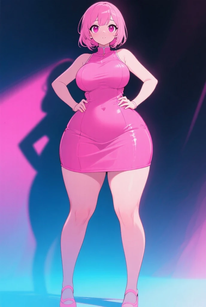 An extremely beautiful stunning voluptuous woman, with gold blonde long silky hair, big blue oceanic eyes, extremely super bright snow white fair stunning flawless glowing lush shiny white complexion, flawless skin, a perfect tight hourglass figure, and a skinny waist, sexy thick smooth luscious legs and thighs, wearing a short sexy tight revealing black latex dress, yellow heels, gold necklace on the neck, gold anklets on feet, gold chain on the waist, standing straight, extremely cute smile on the face, bright pink blushes on cheeks, holding a pink purse, kids park in the background, show full body from head to feet.