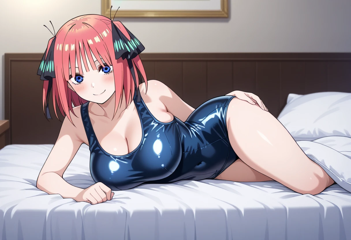 best quality, insanely detailed, nino nakano, breasts, blush, bedroom background, looking at viewer, cheerful eyes,arousal, one-piece swimsuit, nipple, old school swimsuit