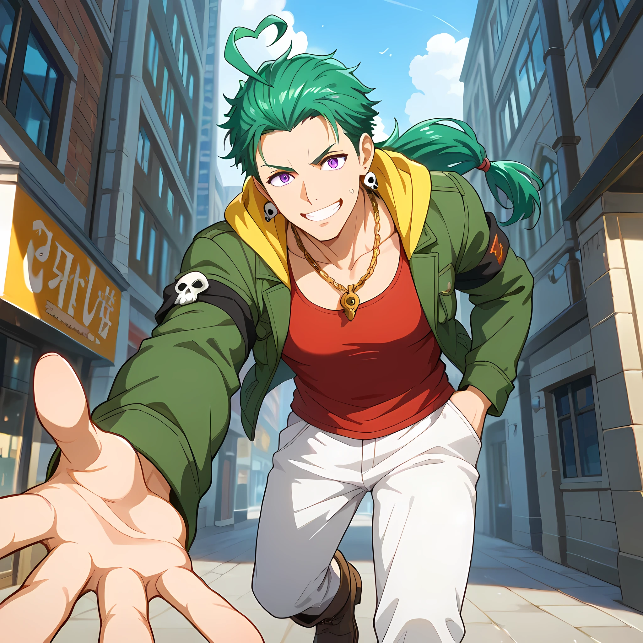 (counter-dive angle, close-up, Cinematic zoom-in, Motion Blur, epic action, cinematic composition, 85mm DSLR lens, shallow depth of field), ((anime skin texture, body style Solo Leveling, perfectly detailed scenery, best image quality, full HD, perfectly detailed appearance, perfectly detailed eyes, 1man, man walking through the city, anime style Japanese city, walking on a street with graffitied walls):1.10), {Kentaro Tsubaki}:((1man, long hair tied in a bun, strands of hair falling in front of the face, hair shaved on the side, adult man, strong and developed body, mature man, green hair with ash endings:1.2, purple eyes, brown army boots, white long pants with double pockets, tight red tank top on defined chest, green jacket with yellow hood, skull earrings:1.2, black cloth armband, perfect lips, fearless gaze, confident smile, panting, golden chain with army pendant, strong arms and legs, thin eyebrows, spiral shaped ahoge:1.2, dual hair color:1.2, lower part of hair in ash tone:1.05, orange energy emanating from the body, rays circulating through the hand, directing the hand towards the observer, smile showing white teeth)).