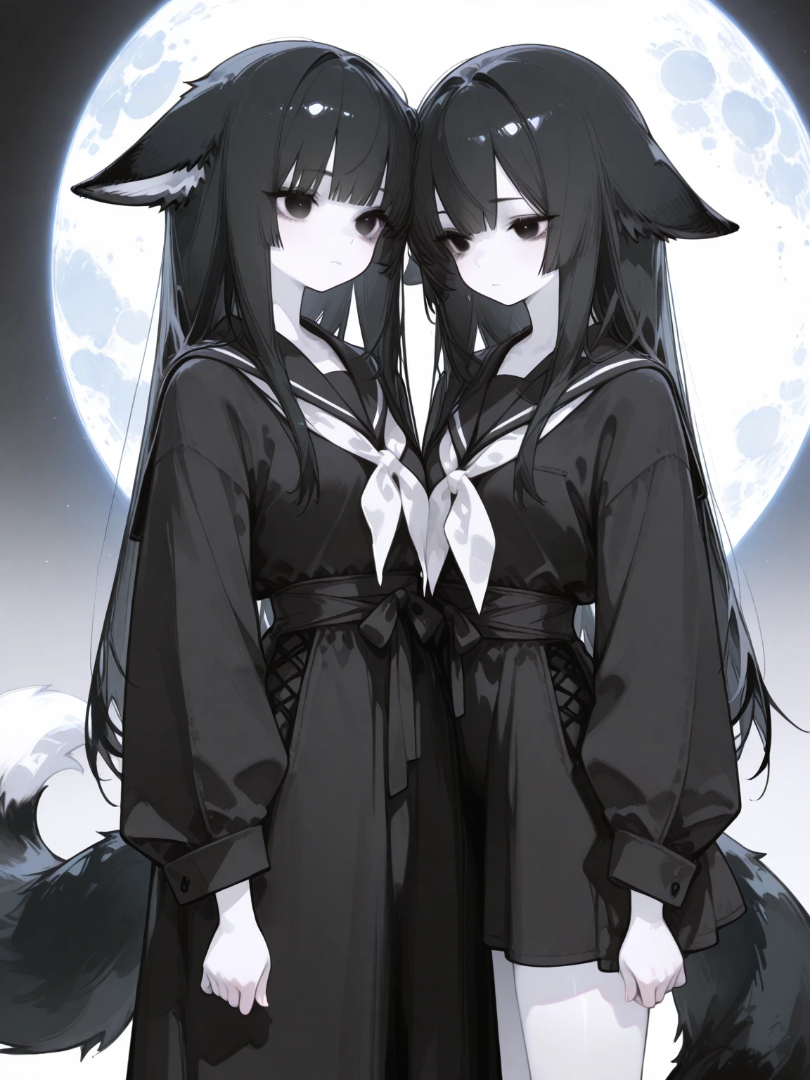 superflat, flat shading, flat colors, masterpiece, best quality, 2girls, little, 12yo, slim, small breast, black straight hair, black fox ears, (big black fox tail), (goth makeup), open goth black kimono with white ornate, nipple, standing, river, grassy hills, (black starry sky:1.2), best shadows, rays of sunlight, vibrant colors, watercolor, dark, black