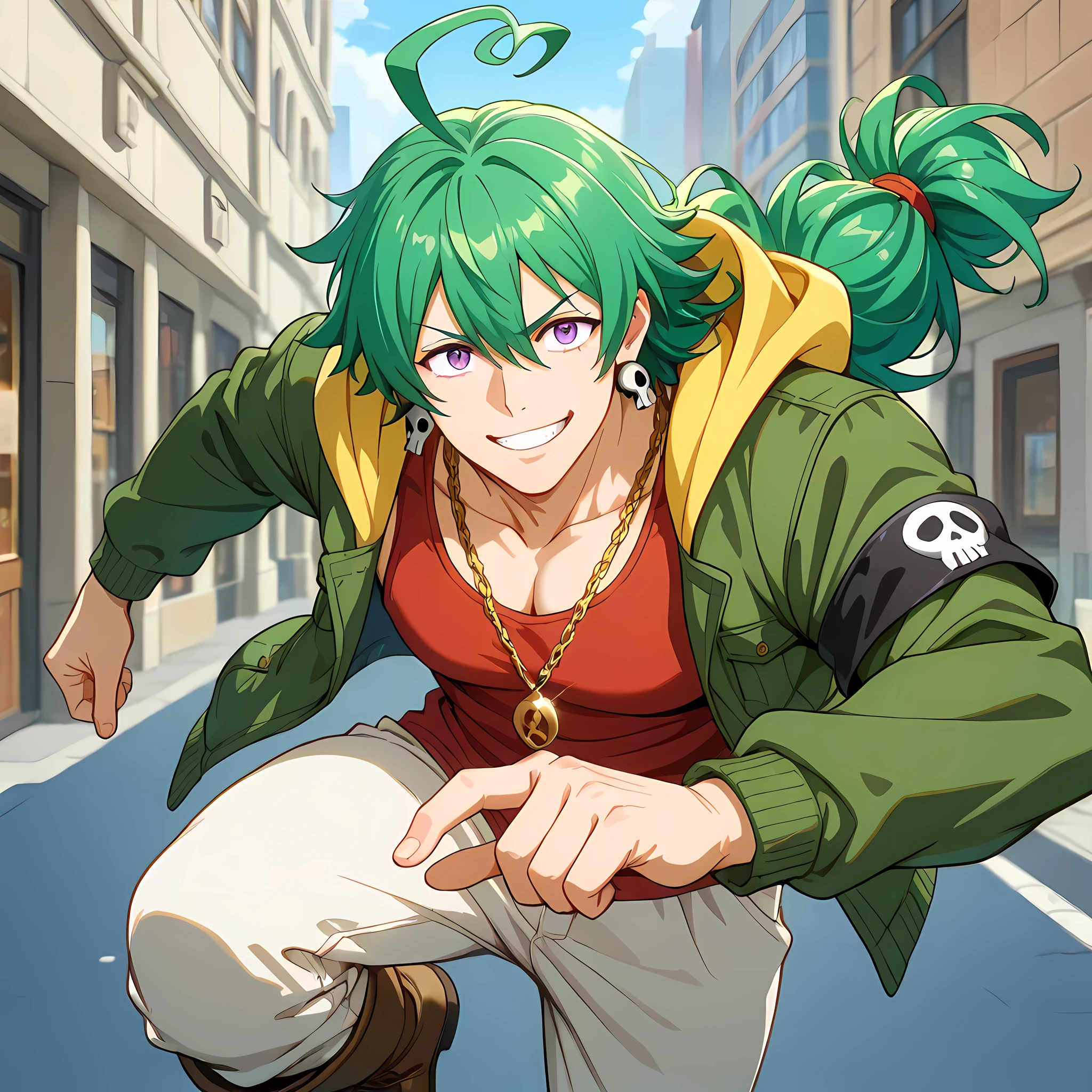 (counter-dive angle, close-up, Cinematic zoom-in, Motion Blur, epic action, cinematic composition, 85mm DSLR lens, shallow depth of field), ((anime skin texture, body style Solo Leveling, perfectly detailed scenery, best image quality, full HD, perfectly detailed appearance, perfectly detailed eyes, 1man, man walking through the city, anime style Japanese city, walking on a street with graffitied walls):1.10), {Kentaro Tsubaki}:((1man, long hair tied in a bun, strands of hair falling in front of the face, hair shaved on the side, adult man, strong and developed body, mature man, green hair with ash endings:1.2, purple eyes, brown army boots, white long pants with double pockets, tight red tank top on defined chest, green jacket with yellow hood, skull earrings:1.2, black cloth armband, perfect lips, fearless gaze, confident smile, panting, golden chain with army pendant, strong arms and legs, thin eyebrows, spiral shaped ahoge:1.2, dual hair color:1.2, lower part of hair in ash tone:1.05, orange energy emanating from the body, rays circulating through the hand, directing the hand towards the observer, smile showing white teeth)).