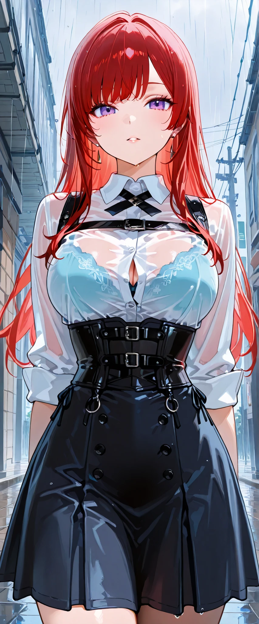 (((masterpiece)))、((Highest Quality))、(Super Detail)、(CG illustration)、(very beautiful ))、 hands tied to a pillar {x} cinematic light 、(((1 Mechanical Girl)))、 sf、Apocalypse、Erotic and grotesque、graduate School(Beautiful and luxurious:1.2)、(1 girl on break day:1.3)、face the front, (double breasted,underbust:1.2), button gap,((( CORSET BELTS ,chest harness))),(((high waisted skirt,)))((see through,Bra))outdoor,rain