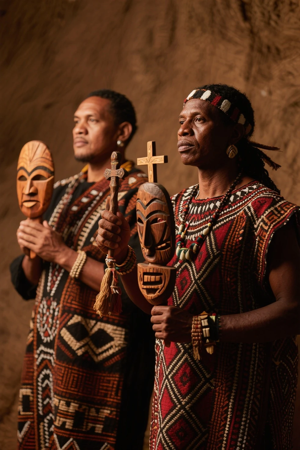 a group of people in a forest, probably from an indigenous tribe, engaged in a ritual or ceremony. In the center, there is a mummified, skeletal figure covered in a brown substance, possibly clay or mud, and dressed in traditional straw clothing. The mummy is tied to a wooden structure, which appears to function as a chair. Around it, four men in tribal costumes made of natural fibers are positioned, adjusting the figure or helping to keep it in place. A younger boy also observes the scene, dressed similarly. The dense vegetation and simple buildings in the background suggest the image was captured in a remote, traditional area, possibly Papua New Guinea.