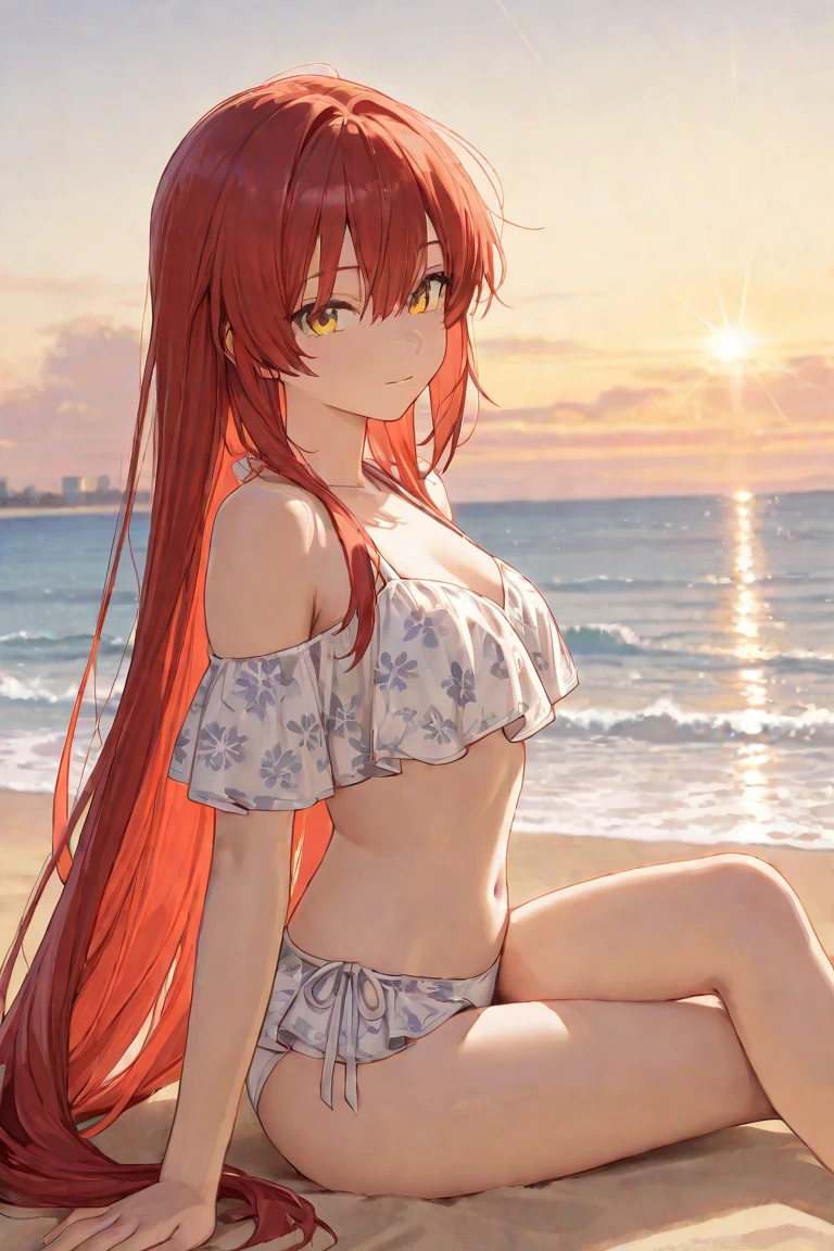 (This is a close-up shot of a young anime girl in a bikini on the beach:1.4),(solo:1.4),(1girl:1.4),(curly red hair:1.3),(violet eyes:1.2),(sow off nipples under white shirt:1.3),(green underwear bottom:1.2),(navel:1.1),(sitting on the beach:1.3),(palm trees in the background:1.2),(ocean in the background:1.2),(blue sky:1.1), (detailed face:1.3),(beautiful detailed eyes:1.3),(slightly parted lips:1.2),(shy embarrassed expression:1.3),(flushed cheeks:1.2),(slender body:1.2),(large breasts:1.3), (masterpiece:1.2),(best quality:1.3),(ultra high res:1.2),(photorealistic:1.1)