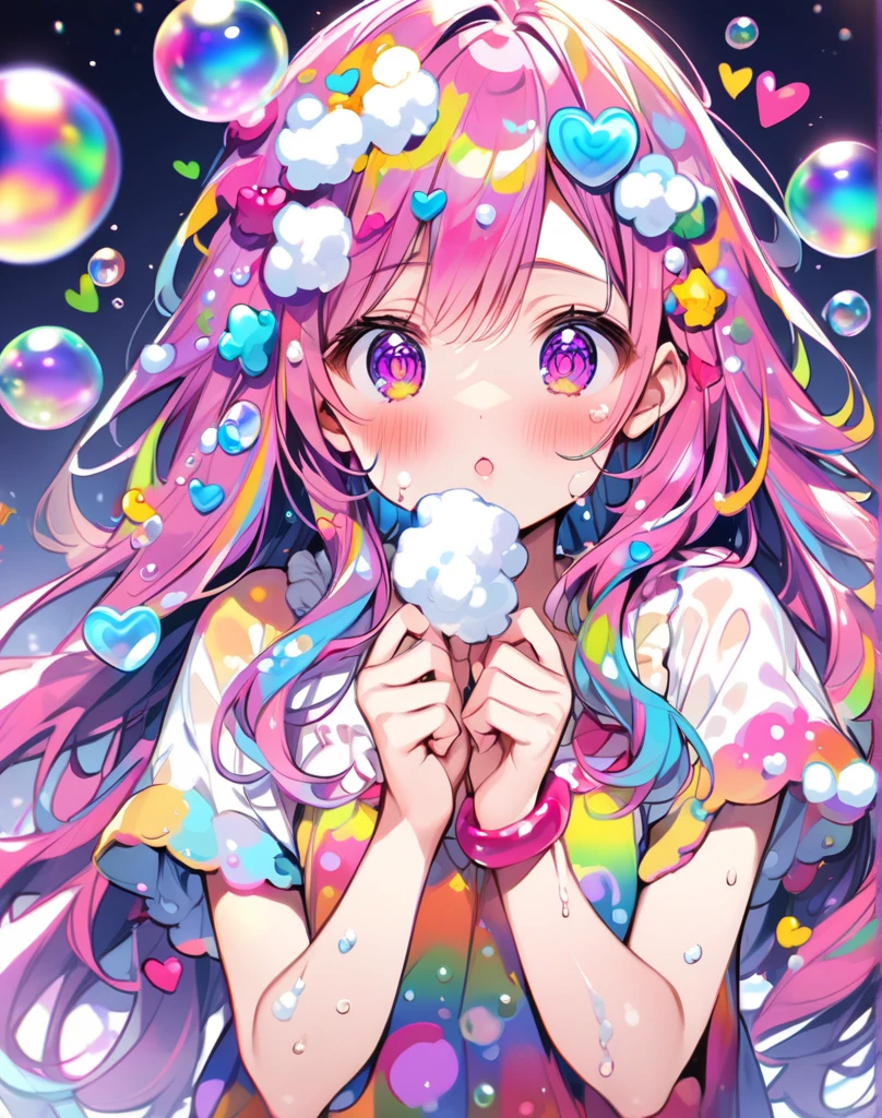 solo, handsome, Watercolor 1. Female,Straight Long Hair, Light,Pink colored hair, 
Pink eyes,Softlook,
Street Style,pink casual dress,skin,Sexy,smile,Soap bubble,gem,
Blue background,Face close-up, cute, beautiful, kawaiipunk, 3D model