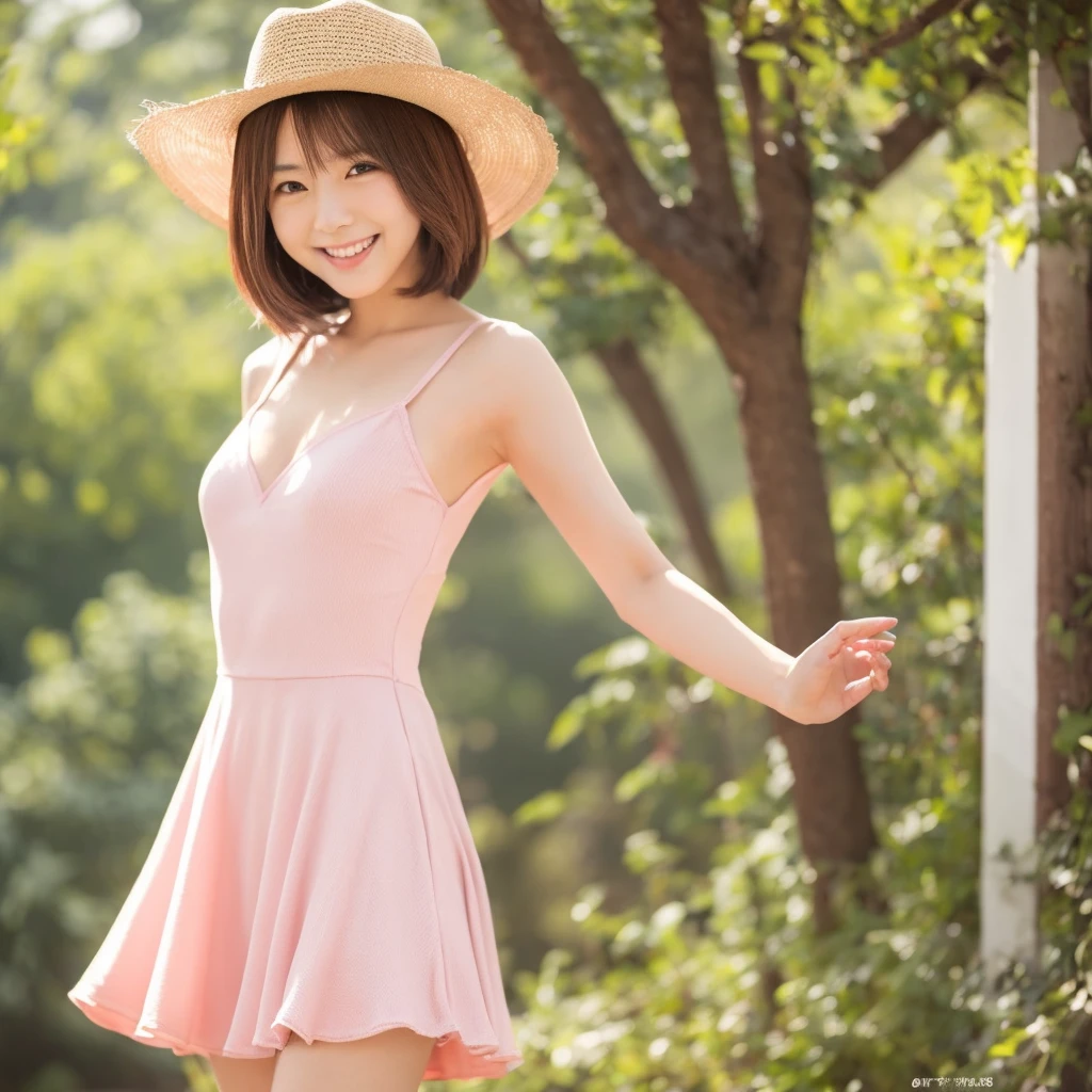 Best-quality, Masterpiece, Ultra-High-Resolution, (Photorealistic:1.4), Raw-Photo, cowboy-shot, leaning forward, upturned ass, 1girl, 15-years-old, the most famous Japanese-idol, wearing light-pink casual-dress with cute patterned, (extremely cute face like the most popular Japanese idol, ((extremely cute big-eyes)), extremely cute very-short-cut-haired, extremely beautiful skins), extremely beautiful skinny-body, innocent-smile