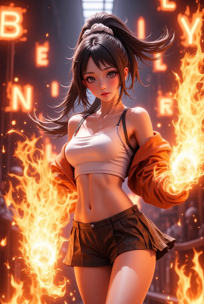 (1 milf: 1.4), short pants, (pantyshot: 0.8), (plump: 0.6), (wide hips: 0.5), <lora:ClothingAdjuster3:0.2>, wet panties, (deep skin: 1.2), @vf_人-髪:è²@, hair with volume, traces of sunburn, long @vf_人-髪:髪å@ hair, (@ã¢ã³ã°ã«ã»ã¹ã¿ã¤ã«:ã«ã¡ã©ã¢ã³ã°ã«@: 1.2), (@ã¢ã³ã°ã«ã»ã¹ã¿ã¤ã«:被åä½ã«å¯¾ãã¦@: 1.2), best quality, ultra quality, high quality, highres, ultra highres, absurdres, 4k, 8k, 16k, super fine illustration, foreshortening,fire,wolf