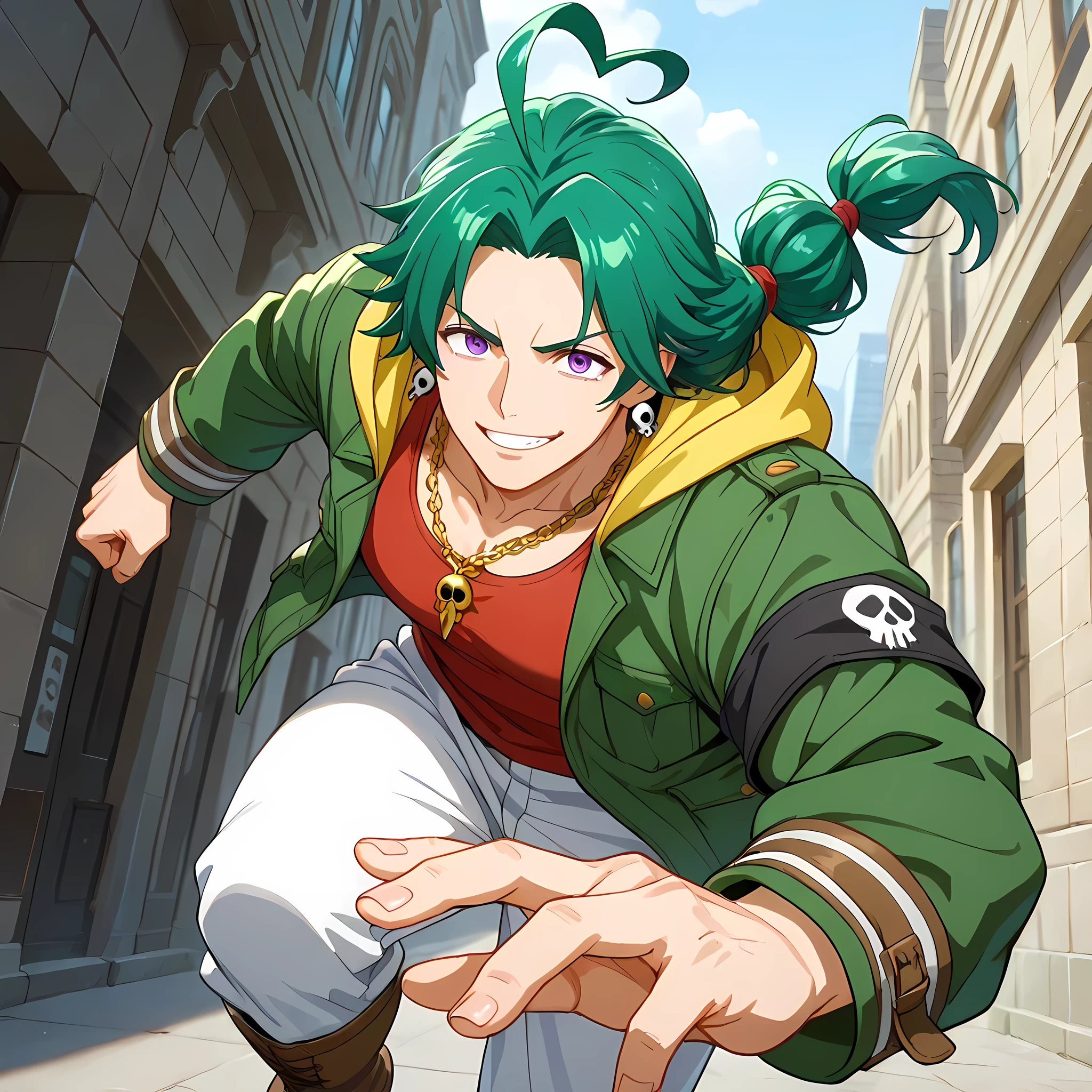 (counter-dive angle, close-up, Cinematic zoom-in, Motion Blur, epic action, cinematic composition, 85mm DSLR lens, shallow depth of field), ((anime skin texture, body style Solo Leveling, perfectly detailed scenery, best image quality, full HD, perfectly detailed appearance, perfectly detailed eyes, 1man, man walking through the city, anime style Japanese city, walking on a street with graffitied walls):1.10), {Kentaro Tsubaki}:((1man, long hair tied in a bun, strands of hair falling in front of the face, hair shaved on the side, adult man, strong and developed body, mature man, green hair with ash endings:1.2, purple eyes, brown army boots, white long pants with double pockets, tight red tank top on defined chest, green jacket with yellow hood, skull earrings:1.2, black cloth armband, perfect lips, fearless gaze, confident smile, panting, golden chain with army pendant, strong arms and legs, thin eyebrows, spiral shaped ahoge:1.2, dual hair color:1.2, lower part of hair in ash tone:1.05, orange energy emanating from the body, rays circulating through the hand, directing the hand towards the observer, smile showing white teeth)).