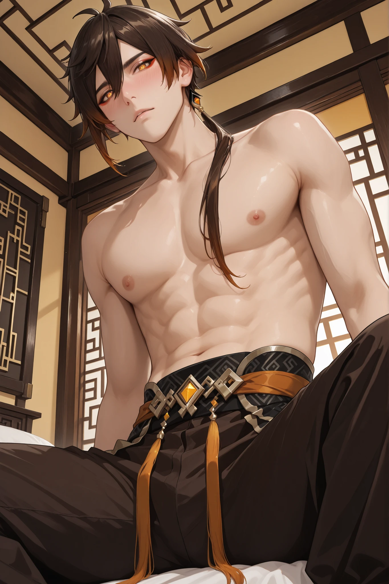 (Masterpiece, absurdres, newest, topquality) 1boy, solo, matzhongli, brown hair, low ponytail, yellow eyes, red eyeliner, chinese style bedroom, on bed, looking at viewer, shirtless, low angle, villain expression, sitting, blushing
