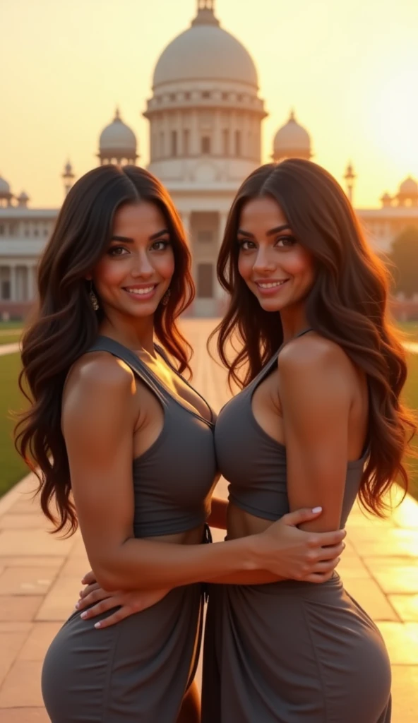 Here’s the revised prompt with your friend’s round face included:
---
"Create an ultra-realistic image of two modern, attractive female influencers of Indian descent, aged between 27 to 30. They should have warm and inviting smiles, expressive almond-shaped eyes with a slight shimmer, and clear, glowing skin with medium brown complexions. Their features should be well-defined, with high cheekbones and sharp jawlines. Their hair should be styled in elegant updos with loose tendrils framing their faces, colored in a deep, reddish-purple hue that’s bold yet sophisticated. They should have slender yet athletic builds with significantly larger chests (gigantic breasts, plump: 1.3), reflecting healthy and active lifestyles.
One influencer has a slender face, while the other has a round face. Both are wearing stylish mini bras, one in black and the other in a different color, paired with pleated for monochromatic and sophisticated looks. Their outfits are completed with stylish heeled sandals that add elegance to their looks. They accessorize with subtle yet chic jewelry, such as small hoop earrings and a few thin bangles.
The background should be a rugged mountain peak with a breathtaking view of the surrounding ranges bathed in the warm glow of the rising sun. Snow-capped peaks and lush green valleys create a stunning, ultra-realistic backdrop. They are engaged in adventure activities like hiking to the peak, capturing breathtaking photos, and enjoying a sunrise yoga session.
Ensure both influencers have the same hairstyle and hair color, prominently medium chests, and the specific facial features described."
Negative prompt: Unrealistic facial features, blurry background, artificial skin tones, distorted body proportions, unnatural lighting, overly edited appearance, unrealistic hair texture, fake jewelry, cartoonish expressions, unrealistic muscle tone, and unappealing composition.