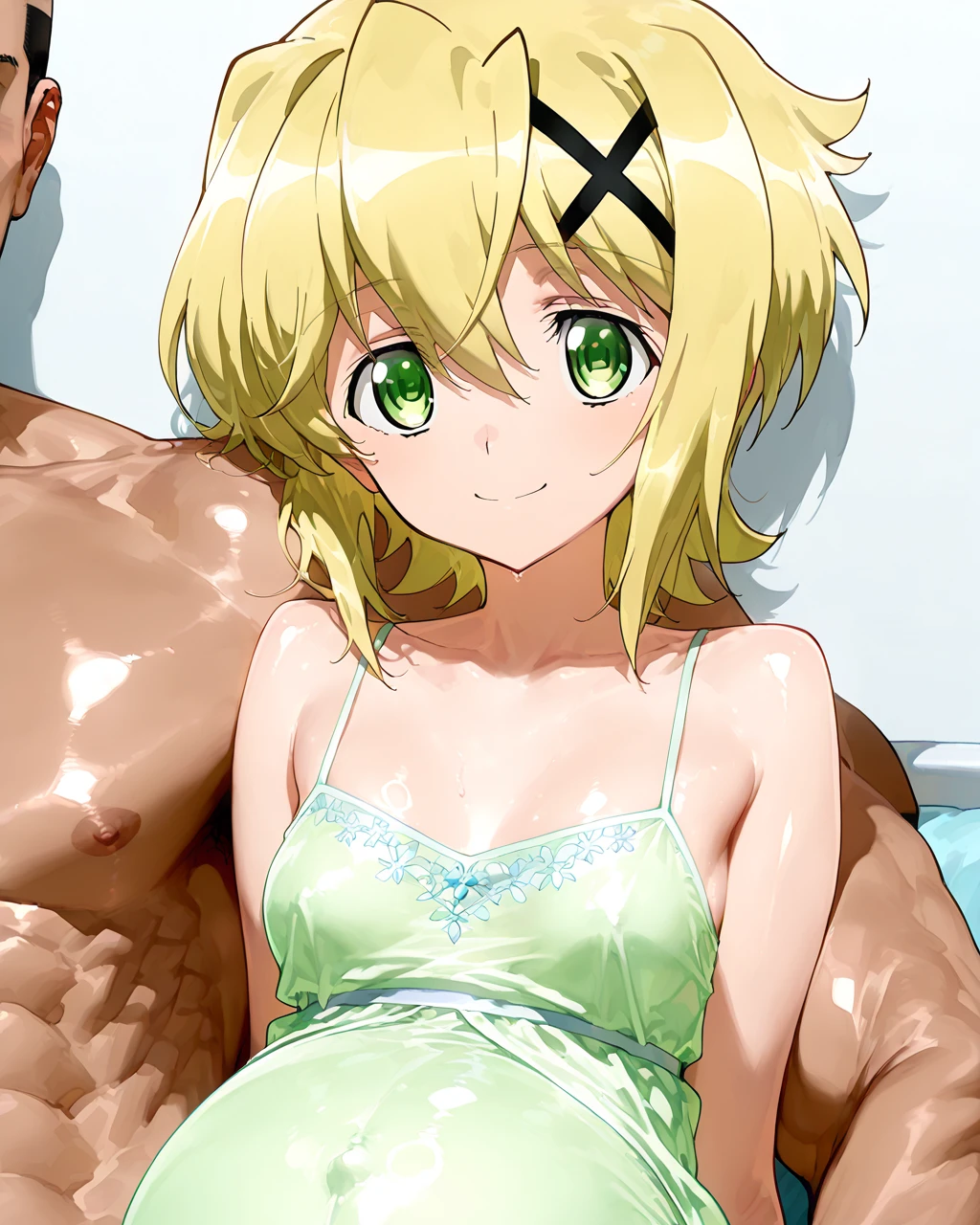 1girl,japanese,gyaru,half up short hair,see-through one-piece-swimsuit,nsfw ,erectile nipples,shy, glaring,surround many fundoshi boys,grab shoulder,sitting sofa,legs closed