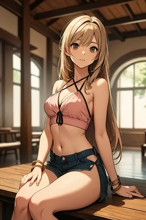 masterpiece,Ultra-high resolution、Highest quality、Sexy pose、Dimly lit bar background at night、blonde、Tie your hair back:1.2, Blue Eyes, smile、Tilt your head、Large gold earrings and necklace:1.5,、Model walking、Small breasts、the body is slim、Tight waist、Spread your legs,Cowboy Shot、Halter neckline edged with white ruffles、White argyle check pattern ultra mini bikini skirt、Pink panties are slightly visible、Black knee socks、Underwear Focus