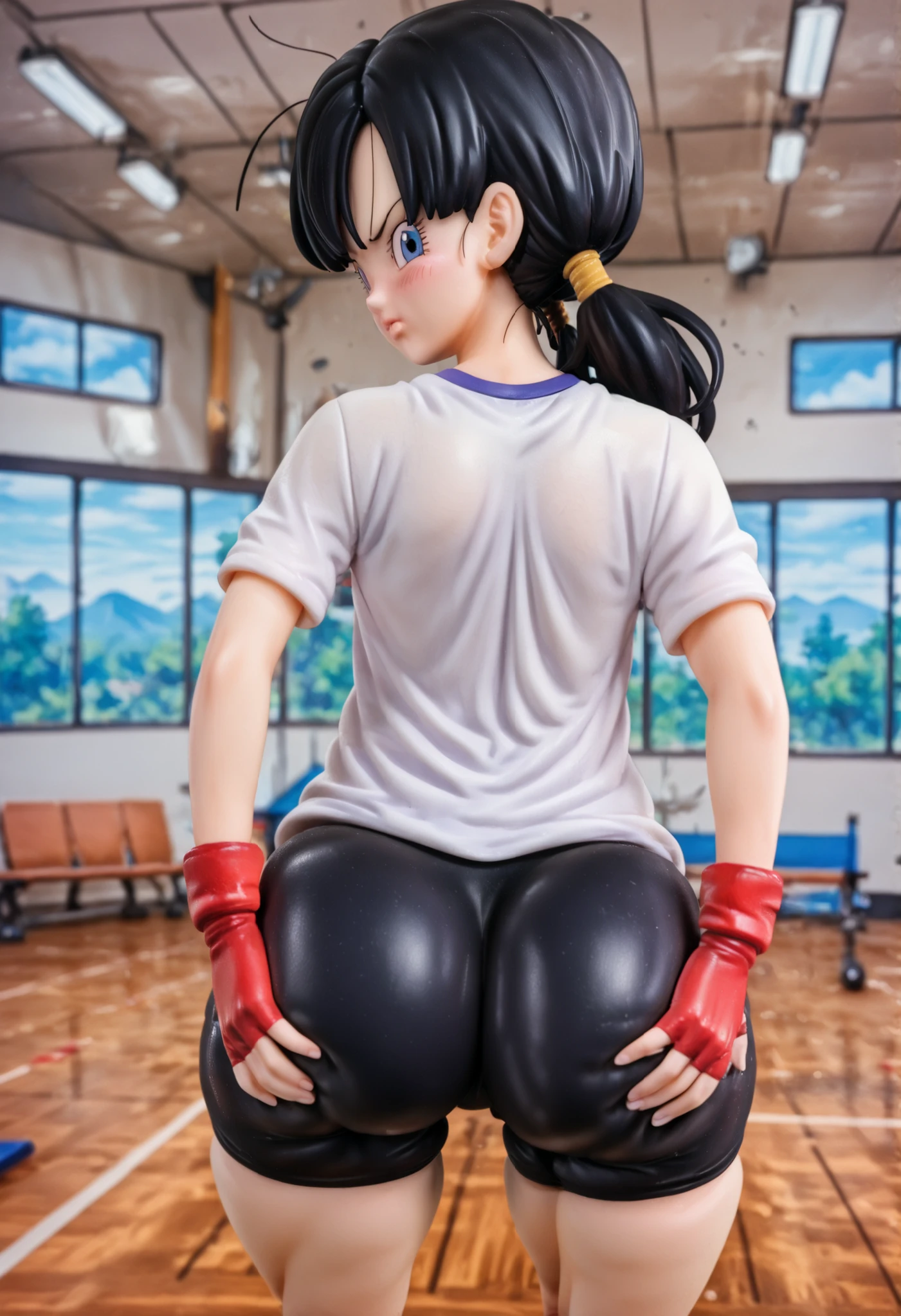 source_anime, score_9, score_8_up, score_7_up, anime screencap,
videldbz, lips big lips beautiful face, detailed face, angry, annoyed, embarrassed, blushing, gym background, sitting on gym bench, 1girl, bending over, solo, looking at viewer, long hair, blue eyes, black hair, ponytails, ass, (((ass grab))), big ass, huge ass, wide hips, thick thighs, white shirt, gym, fingerless gloves, black shorts