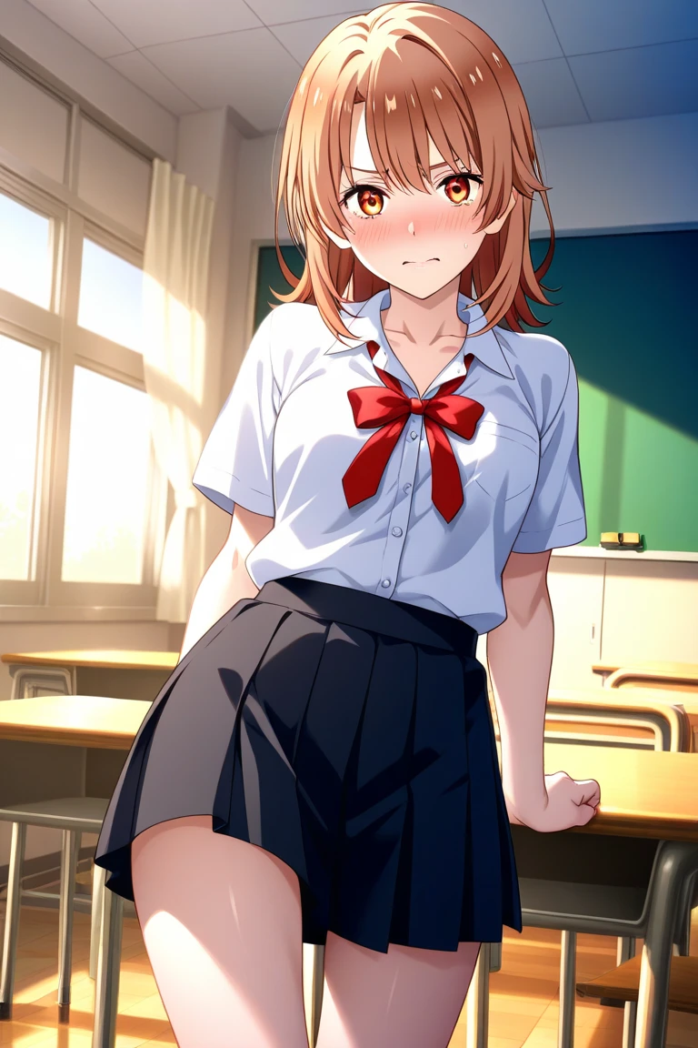 (masterpeace, best quality), 10yo girl, , , schoolgirl, no top, just panties, upskirt, print panties, lying on desk, from behind, small bottom, classroom, smile, fun, volumetric lighting, sunlight, bright