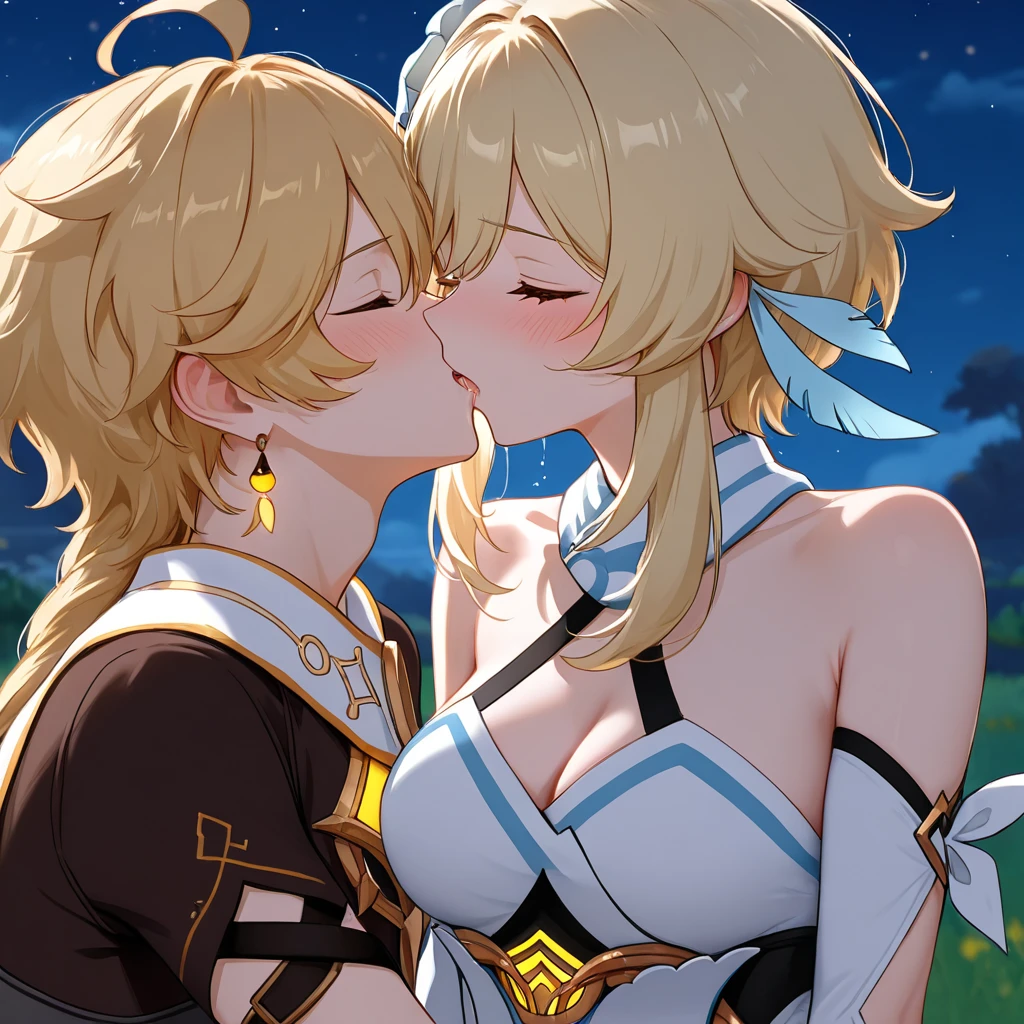 score_9, score_8_up, source_realistic, Realistic photo, photo, real, Realistic, score_9, score_8_up, score_7_up, source_anime, score_9, 2boys, 1girl, cooperative fellatio, aether genshin impact, lumine genshin impact, aether and lumine