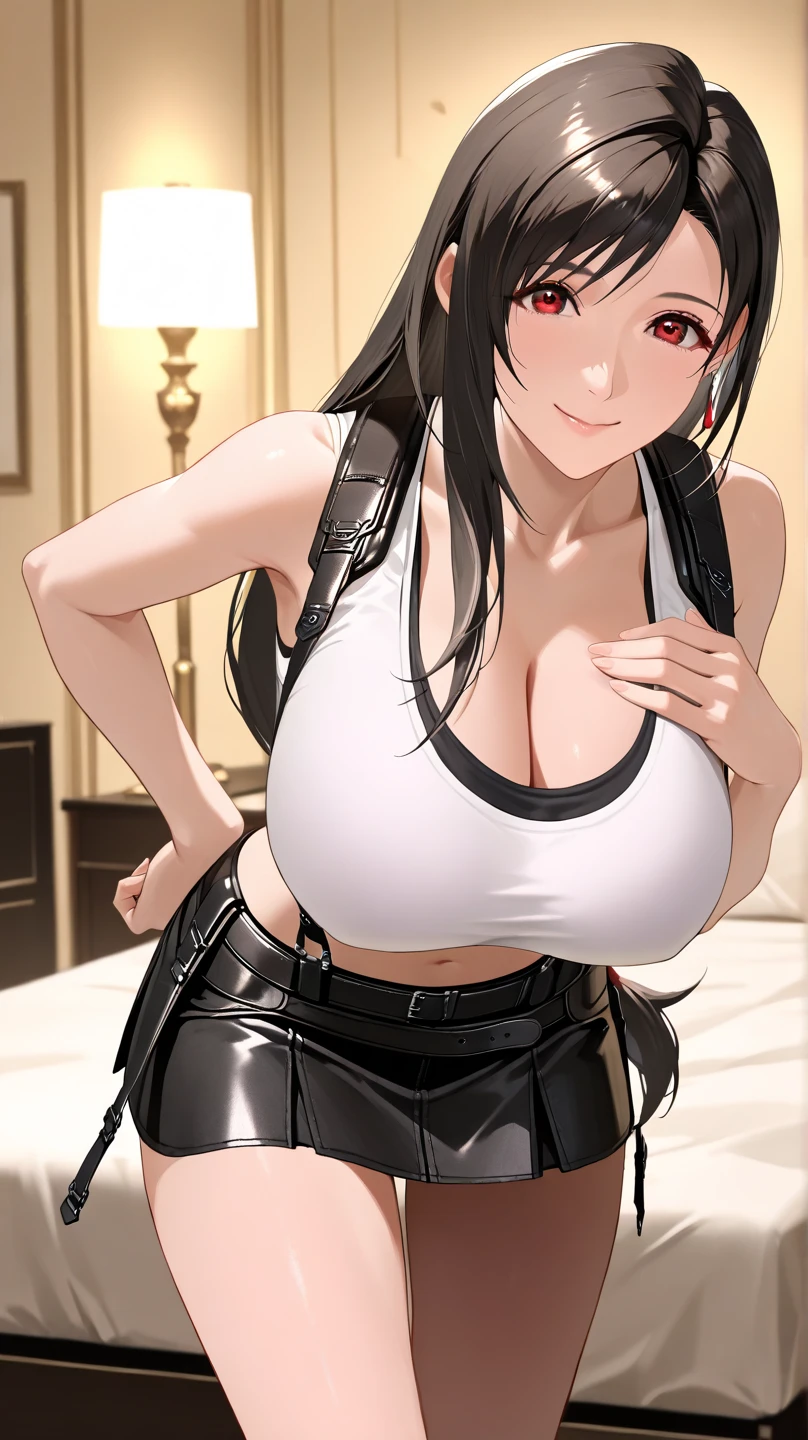 Best Quality, ultra-Detailed, High resolution, extremely Detailed CG, Unity 8k壁纸, super Detailed skin, Detailed, Dynamic lighting, beautiful Detailed eyes, Tifa FF7, 1girl in, Solo, Looking at Viewer, blush, seductive Smile, White tank top, Black skirt, Suspender Skirt, Midriff, black thighhighs, Red gloves, White bra, zettai ryouiki, Head tilt, Bar counter, Showing panties, Dynamic Angle, Dynamic Pose, Red Eyes, Smile, Fighting stance,