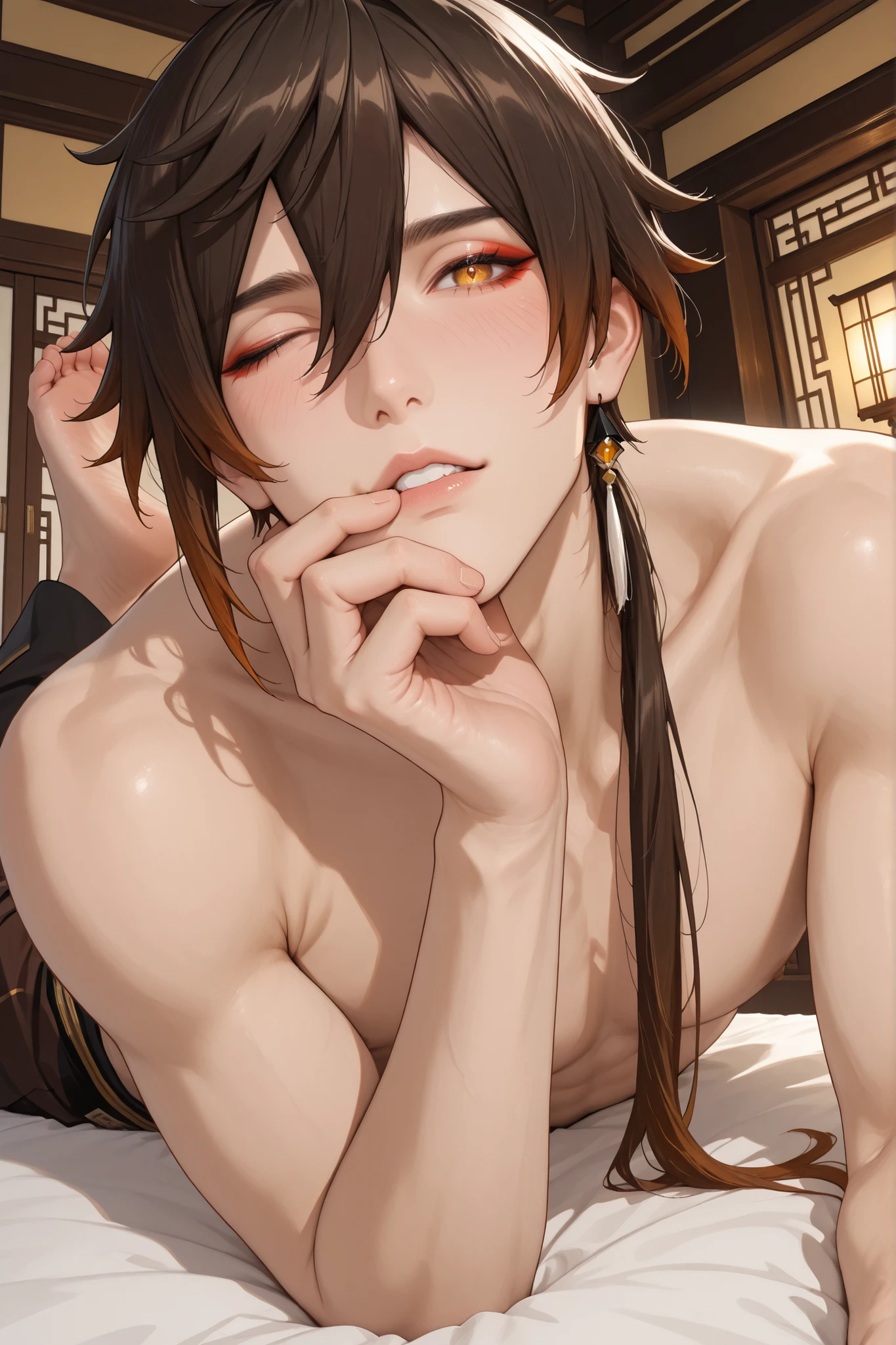 (Masterpiece, absurdres, newest, topquality) 1boy, solo, matzhongli, brown hair, low ponytail, yellow eyes, red eyeliner, chinese style bedroom, on bed, looking at viewer, shirtless, low angle, villain expression, lying on his side, one hand on chin, one eye winking, blushing, barefeet
