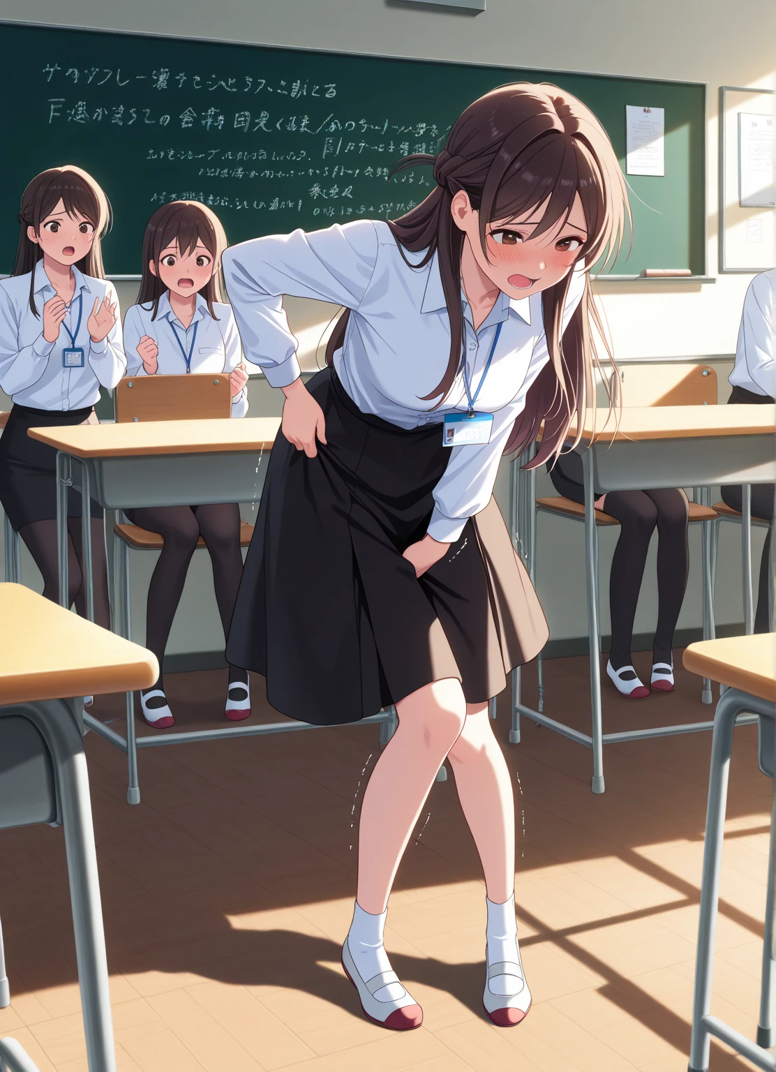 Female teacher pees in group photo、When taking a group photo with many students, only the female teacher pees、There are many students behind the female teacher.、The students are facing the same direction as the female teacher、Urinary incontinence、peeing herself、A lot of pee、From below、White Suit、White Mini Skirt、White High Heels、Perfect figure、Extremely beautiful、Peeing while standing upright、Steam rising from the pee、Female teacher is embarrassed、Many students are looking at the female teacher