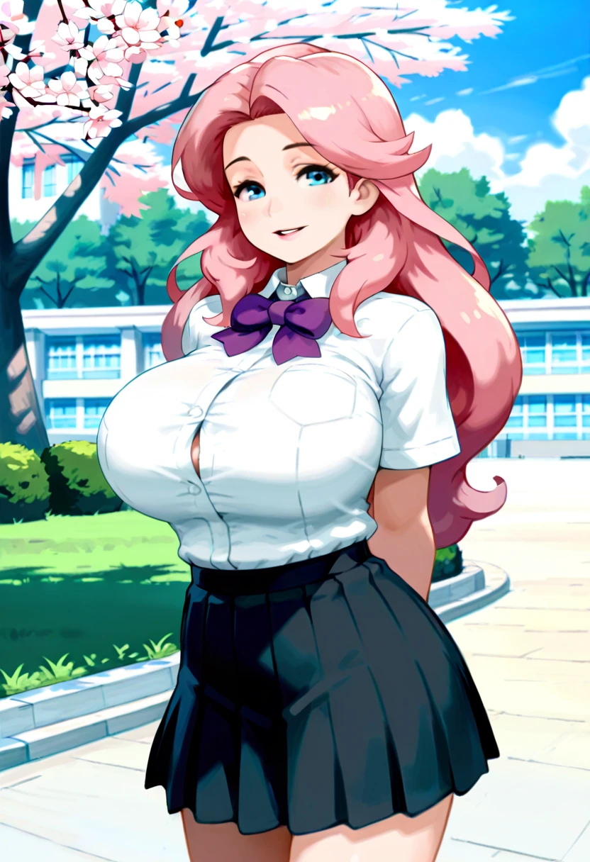 by dogyd, masterpiece, best quality, amazing quality,nephilia, blue eyes, pink hair, long hair, mature female, 1girl, solo, breasts,huge breasts,school uniform,pleated skirt,white shirt, black skirt, purple bow,short sleeves, parted lips, light smile, standing,arms behind back, looking at viewer, cowboy shot, blurry background, outdoors, school, cherry blossom