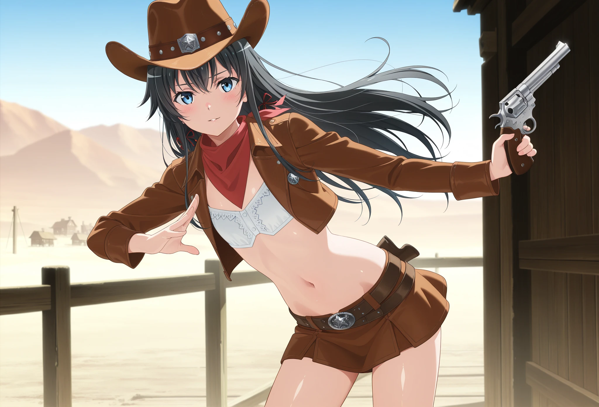 2d, Superb, (Masterpiece), ((1 girl)), (Low Angle:1.2), (Full length), (Shiny  hair:1.6),  (Straight hair with brown hair:1.6),(Shaggy hair:1.3),  (Brown beautiful girl),hyper， Pretty face, (Healthy dark skin), (Sunburn mark), clavicle,(Cowboy hat),(Wear a scarf),(Brown leather vest),