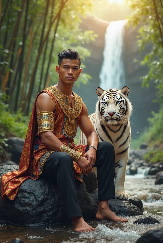 ========.
a handsome, muscular Indonesian young man without clothes, only wearing long trousers, bright red with gold decorations on his arms, sitting on a wooden chair next to him is a tiger, the warrior was wearing a gold necklace during the day, forestry background