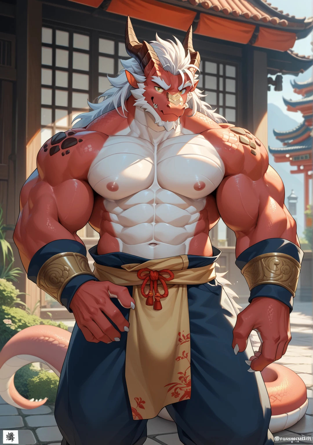 Eastern Dragon, Male, Solo, Muscular, Big Pectorals, Nipples, Dragon Horn, White hair, Scales, Multi-colored body, Middle-aged, Sitting with crossed legs, kimono, Japanese Living room, bulge, Fundoshi, furless, Dragon Tail on side, Correct anatomy, dragon claws, Large Tattoo on Pecs, (depth of field, Wide Dynamic Field, Dark Shadows, HDR, Low Light: 1.2, Very Low Angle Close up Half Body Shot), (by null-ghost, by Chunie, by darkgem),