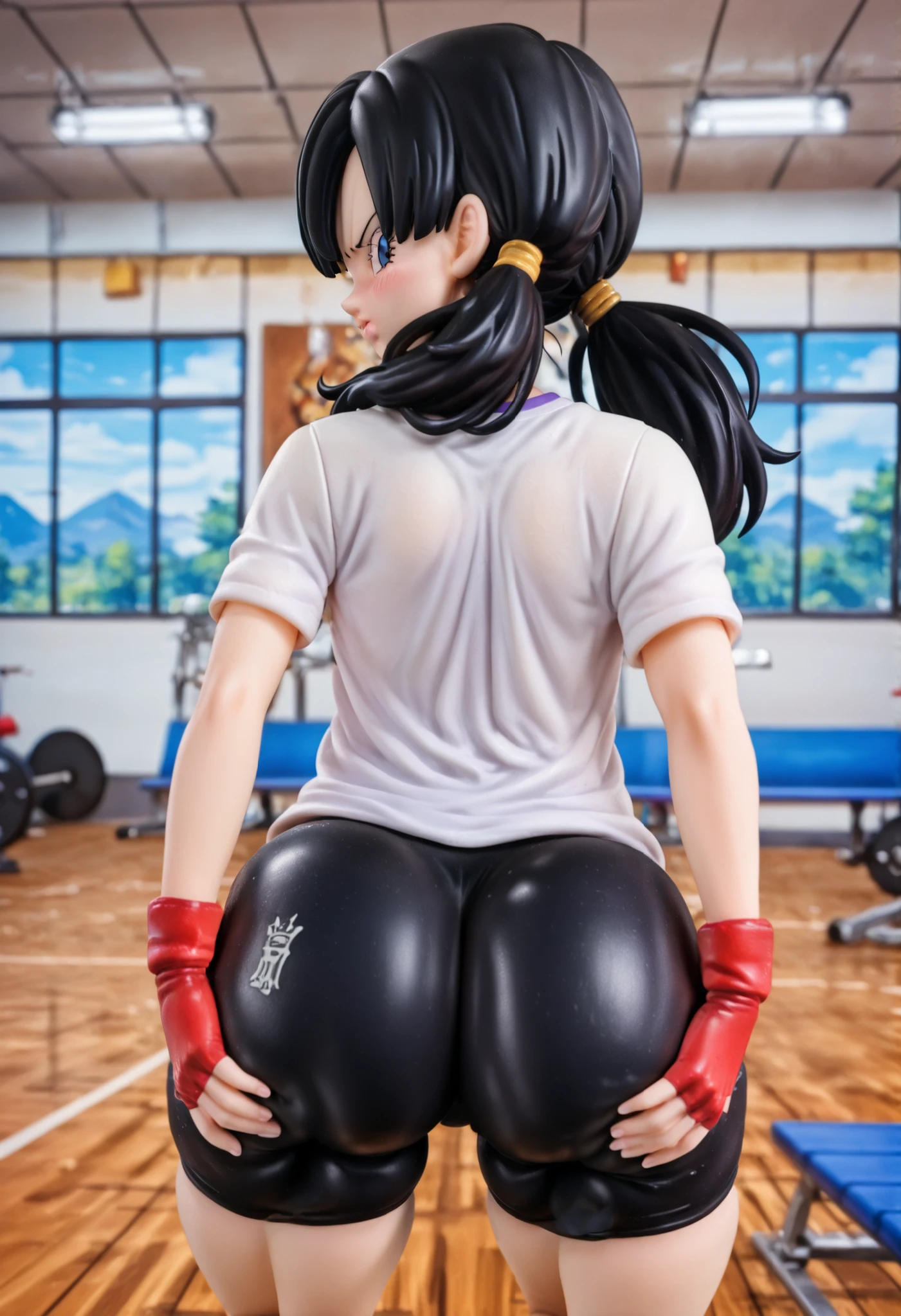 source_anime, score_9, score_8_up, score_7_up, anime screencap,
videldbz, lips big lips beautiful face, detailed face, angry, annoyed, embarrassed, blushing, gym background, sitting on gym bench, 1girl, bending over, solo, looking at viewer, long hair, blue eyes, black hair, ponytails, ass, (((ass grab))), big ass, huge ass, wide hips, thick thighs, white shirt, gym, fingerless gloves, black shorts