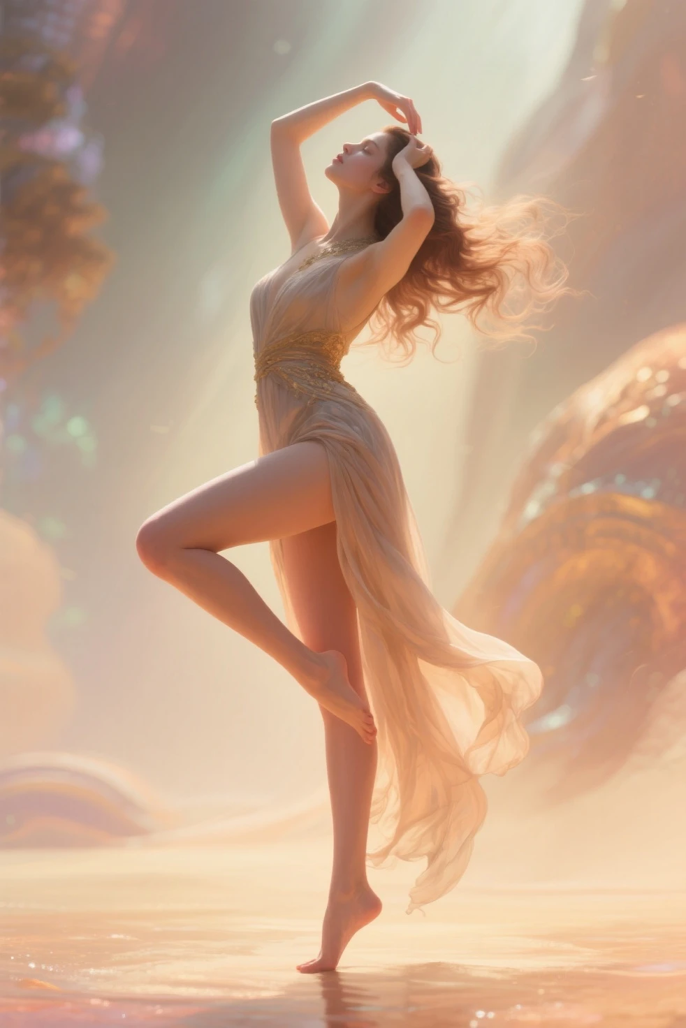 The beautiful goddess Venus in the waves,conch,Rising waves,Refreshing and blue,Crown of hair,long hair flowing,choker necklace,Delicate,bangle,ankle bracelets,flowing clouds,Cloud,fresh flowers,(nice hand),(Good feet),(good legs),realisticlying,white skinned,((Correct body structure)),decorated in white,The sky is cloudy,A lot of lightning,Head background with round light,Behind him is a faint rainbow circle,Clouds and lightning,Unreal space,ethereal world,dreamworld,tmasterpiece,4K,ultra-definition,professional photoshooting,