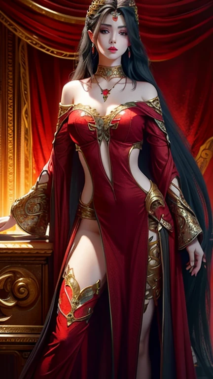 A concept art of an Arab woman presenting the same face from different angles. The woman is dressed in a silk hijab, crimson red arabic princess outfit, Meias, e salto alto de 7 polegadas. Ela tem uma tatuagem embaixo do umbigo. A arte deve apresentar os seguintes detalhes: - The woman has beautifully detailed eyes and lips. -His face is extremely detailed and expressive. - The hijab is made of a fluid, silky material with intricate patterns and vibrant colors. - The Arabian princess&#39;s outfit is a vibrant crimson red color, enfatizando as curvas da mulher. - The socks are transparent and well-fitting, melhorando as pernas de uma mulher. - 7 inch high heels are stylish and fashionable, adding height and confidence to a woman&#39;s posture. - The tattoo below the navel is complex, adding a touch of mystery and fascination. A qualidade da imagem deve estar no seu melhor, with 4k or 8k resolution, ensuring ultra-detailed and photorealistic rendering. Lighting should be done professionally, highlighting the woman&#39;s features and creating a sense of depth. Colors should be bright and the overall color palette should complement the Arabic theme.