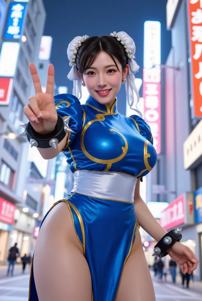 Masterpiece, 8K, Ultra HDR, Super resolution, Young woman, korean, Korean idol, idol make up, brunette, bangs, pale skin, very long straight hair, idol face face, unbelievably beautiful face, big lips, large breasts, large butt, wide hips, Chun Li costume, cleavage, Happy look on face, smile, full body, Night Street setting,