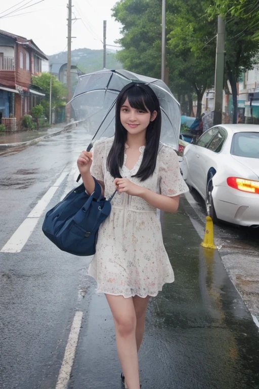 in the rain、Holding a transparent umbrella、 crouching、One girl in a girls' 、Bob Hair、Brown Hair、Medium breast、Beautiful face、Slender body、Accurate Face、Accurate body、Accurate limbs、Detailed Background、masterpiece、Raw photo quality、highest quality、