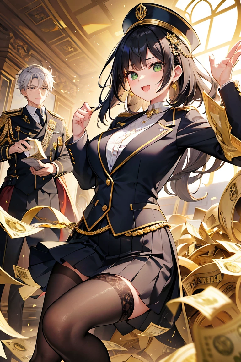 Young dark-haired female CEO, A kind smile,(Giant bust:1.5),The background is a securities company with many staff members、Rich woman、Scattered gold coins、Flying dollar bills、