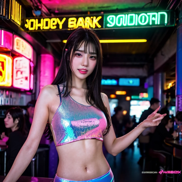 “Create an HD Ultra Realistic image of Young Attractive Asian Woman Sophie Tan posing for a Y2K fashion shoot. Sophie is dressed in a glittery pink halter top and high-waisted denim shorts with rhinestone embellishments, accessorized with neon yellow thigh-high boots and a small holographic backpack. She stands in a retro-futuristic lounge with neon signs and plush, colorful furniture. Capture this scene using a professional camera with a 50mm lens, emphasizing Sophie’s playful yet seductive pose and the sparkling textures of her outfit (1.3). The lounge background should be blurred to focus on Sophie, with post-production enhancing the neon glow, adding a vignette effect, and using a warm color filter to achieve a lively, Y2K aesthetic (1.4).”