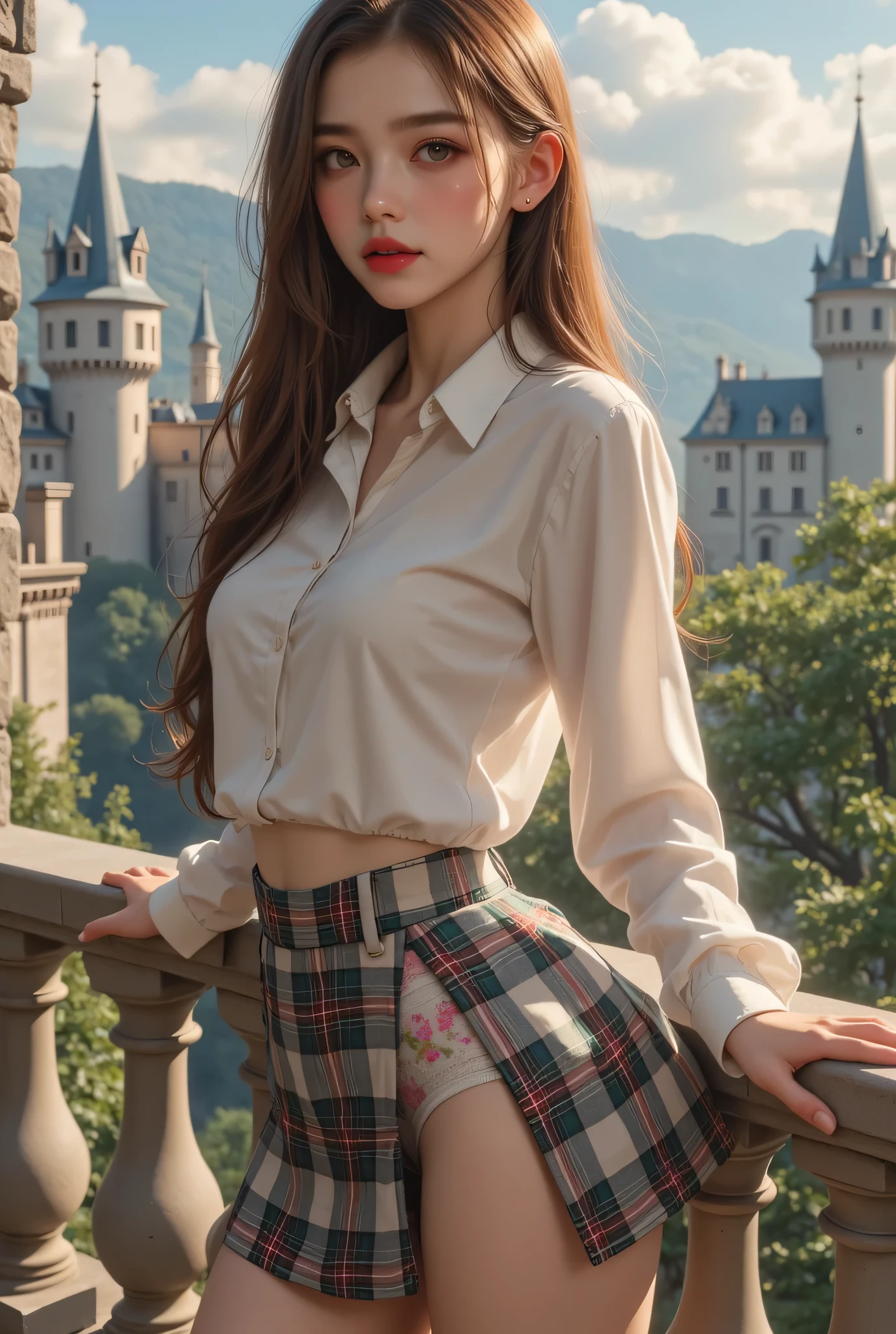 ultra fineCGユニティ8k壁紙、Highest Quality、ultra fine、masterpiece、real、photo、ultra fineキュートガール、18 Year Old、(European Castles)、(Girl standing on balcony)(Rear view),(looking back at the drugstore)、(笑face)、(full body angle)、(low angle)、cheek、 red lips、(low angle)Lightning Body Shot、(Wet White Blouse:1. 2)、(Plaid Mini Skirt:1. 5)、(Wet White Blouse、Slightly Sheer Underwear)、(white high heels:1.5)、(beautifulface:1.3)、(perfect proportions:1.2)、(long legs:1.2)、(beautiful:1. 3)、(Floral Panties Seen from Under the Skirt)、(wet hair、wet skin)、sexy、Emoji、(Holding a Floating Skirt with Both Hands)、face、(Left of Skirt)、(wet hair)、(後ろにはEuropean Castlesが霞んでいる)。
DeepL.com(Free version)Translated by。