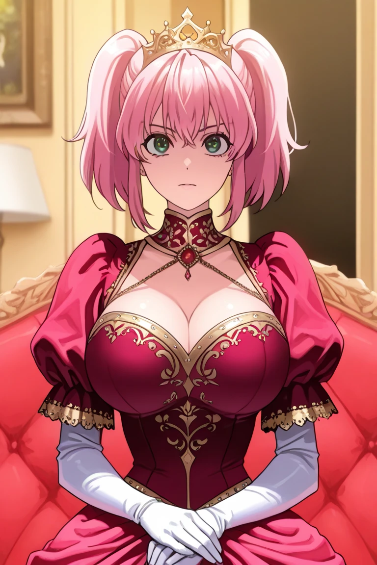 A young princess, beautiful, short pink hair, green eyes, wearing luxurious jewelry on her neck, wearing a low-cut pink dress, has medium tits, her face shows a perverted smile, she is in a luxurious room in a castle